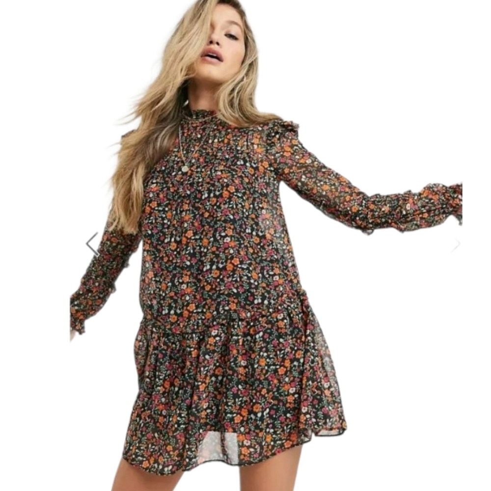 Topshop Mini Dress with Pintuck Detail in Ditsy Floral Long Sleeves Sz 6 NEW - Picture 1 of 9